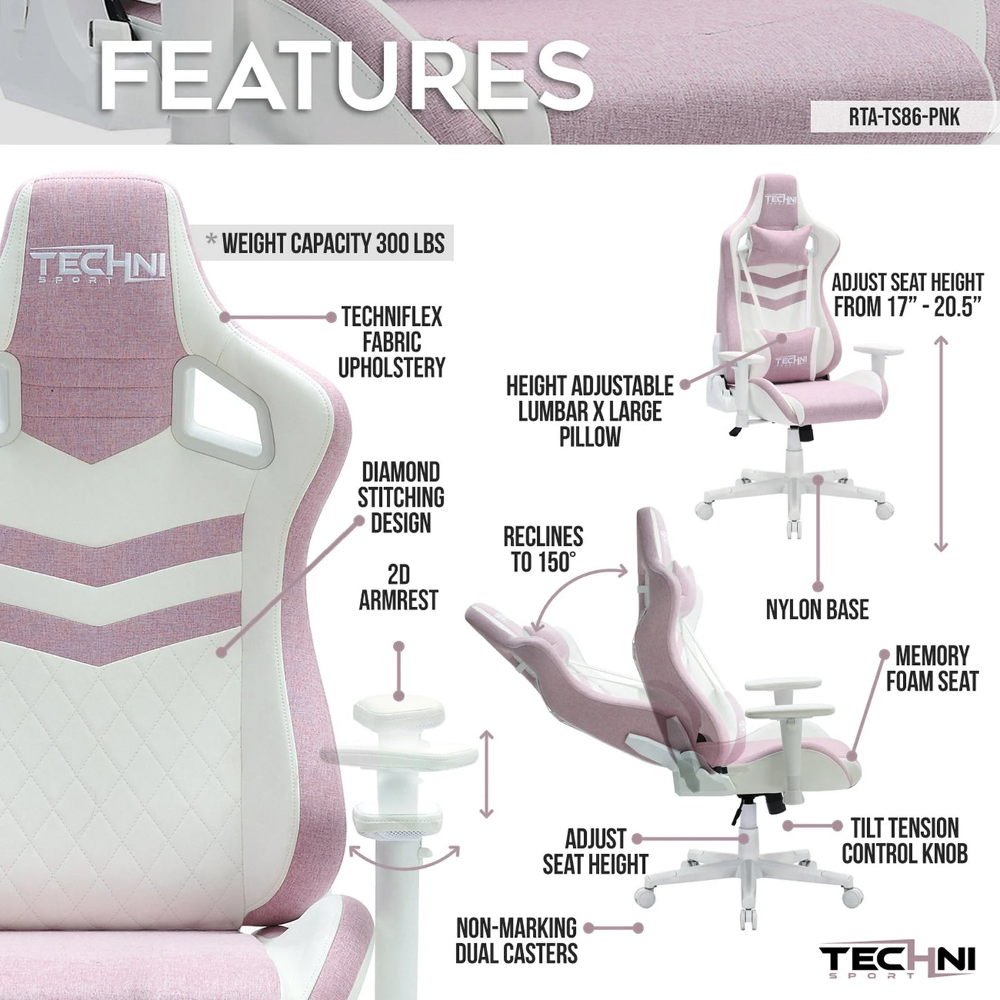 Techni Sport TS86 Ergonomic Pastel Gaming Chair with Memory Foam Seat, Pink RTA-TS86-PNK