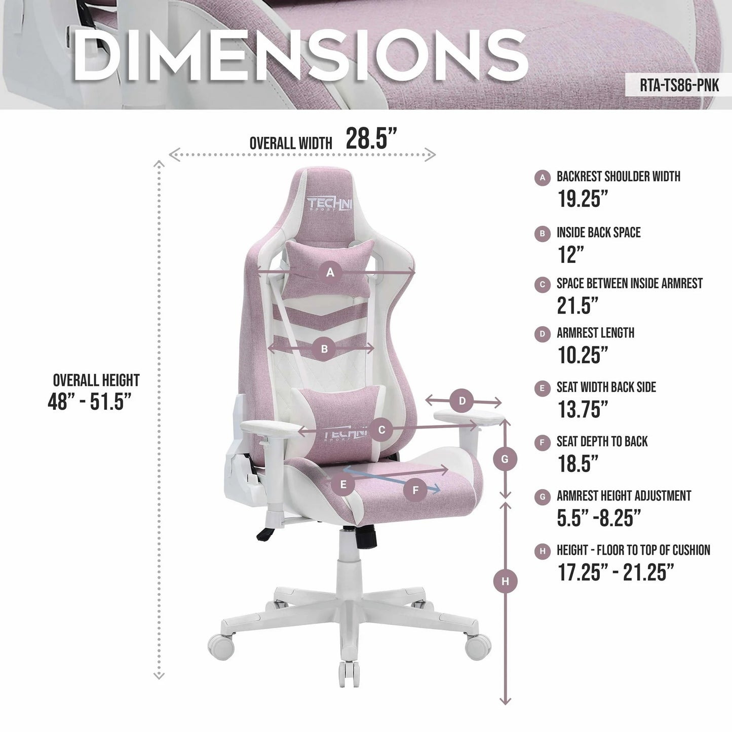 Techni Sport TS86 Ergonomic Pastel Gaming Chair with Memory Foam Seat, Pink RTA-TS86-PNK